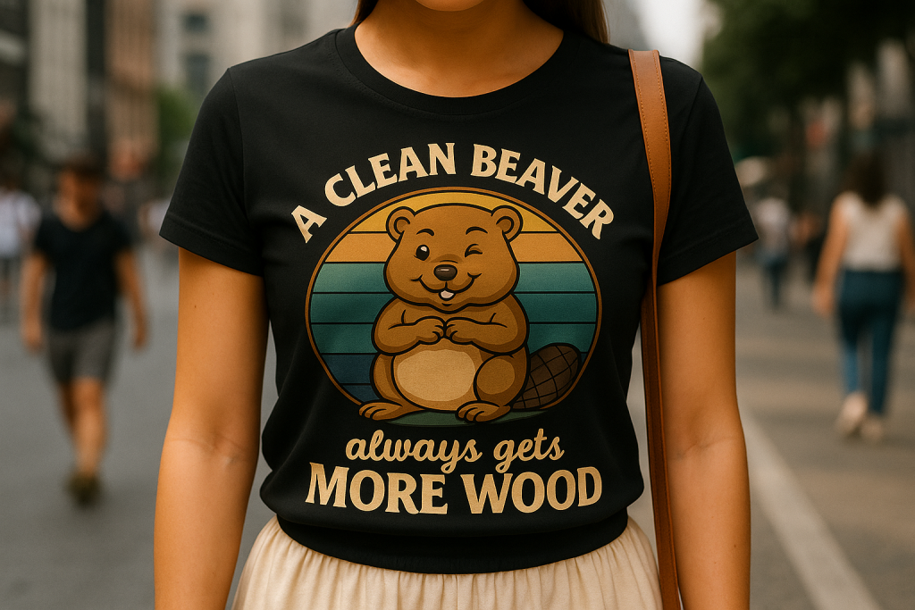 Black t-shirt mock-up of a white woman on a busy city street, shown from the nose down, wearing a “A Clean Beaver Always Gets More Wood” design with a winking beaver over a retro sunset background.